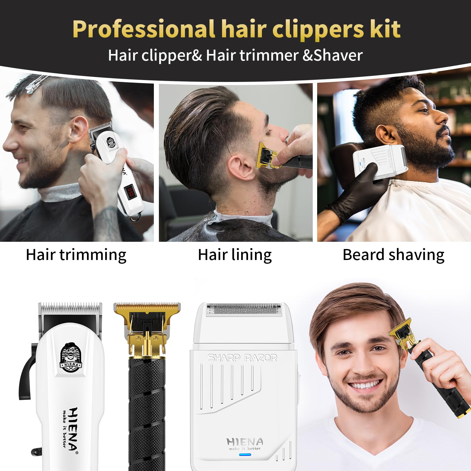 HIENA PRO Professionelles Haarschneidemaschine Set für Männer, wiederaufladbares Haarschneide-Set, elektrische Folienrasierer und Bartschneider, Barber Clippers mit LED-Anzeige, R-Typ verstellbare