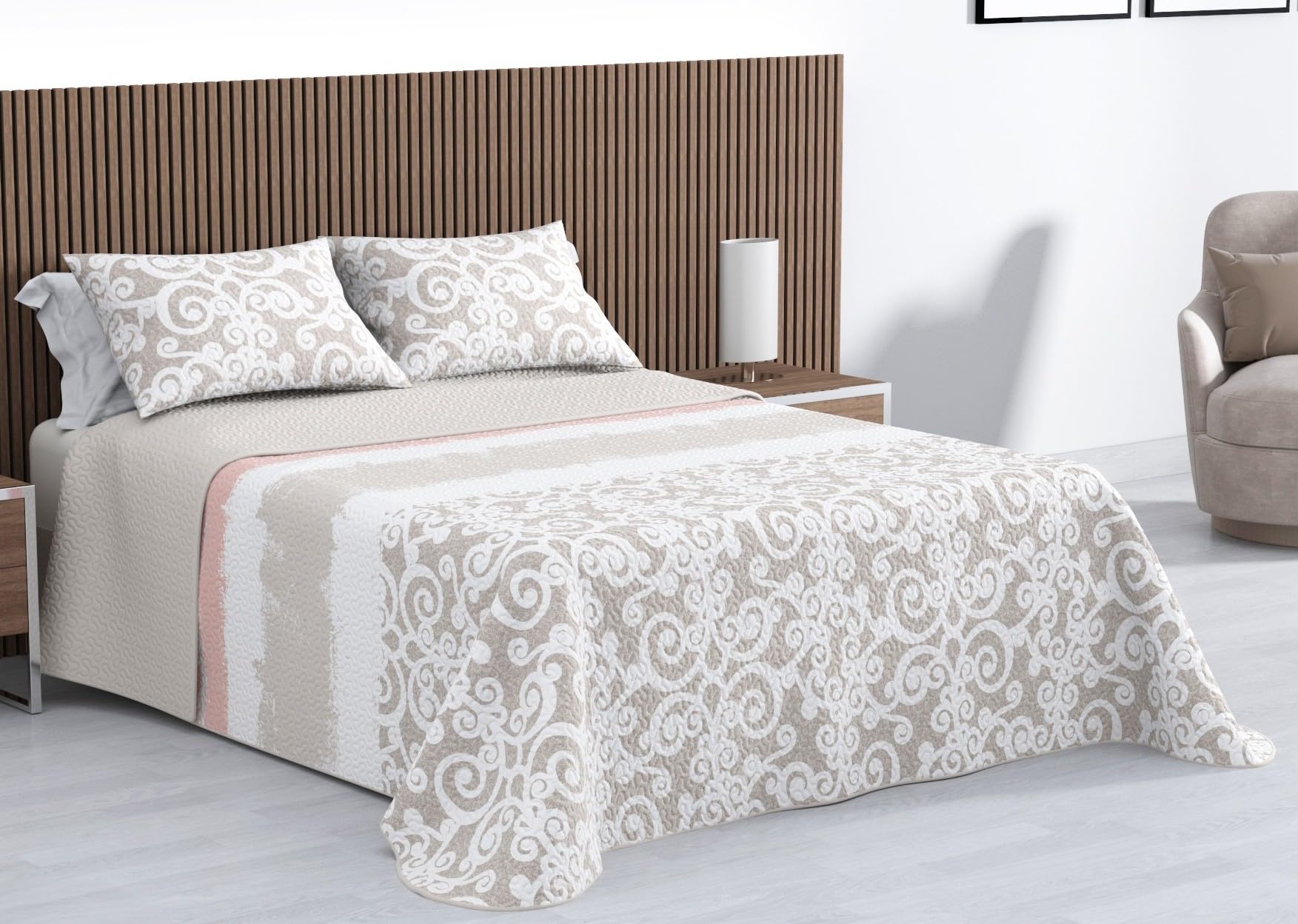 Kimbatex Colcha Bouti Estampada 100% Microfibra Termosellada, Diseños EOS, Talia y Nereida, Reversible con Fundas de Cojín (Nereida Beige, Cama 150cm 250x260cm + 2 Cojines)