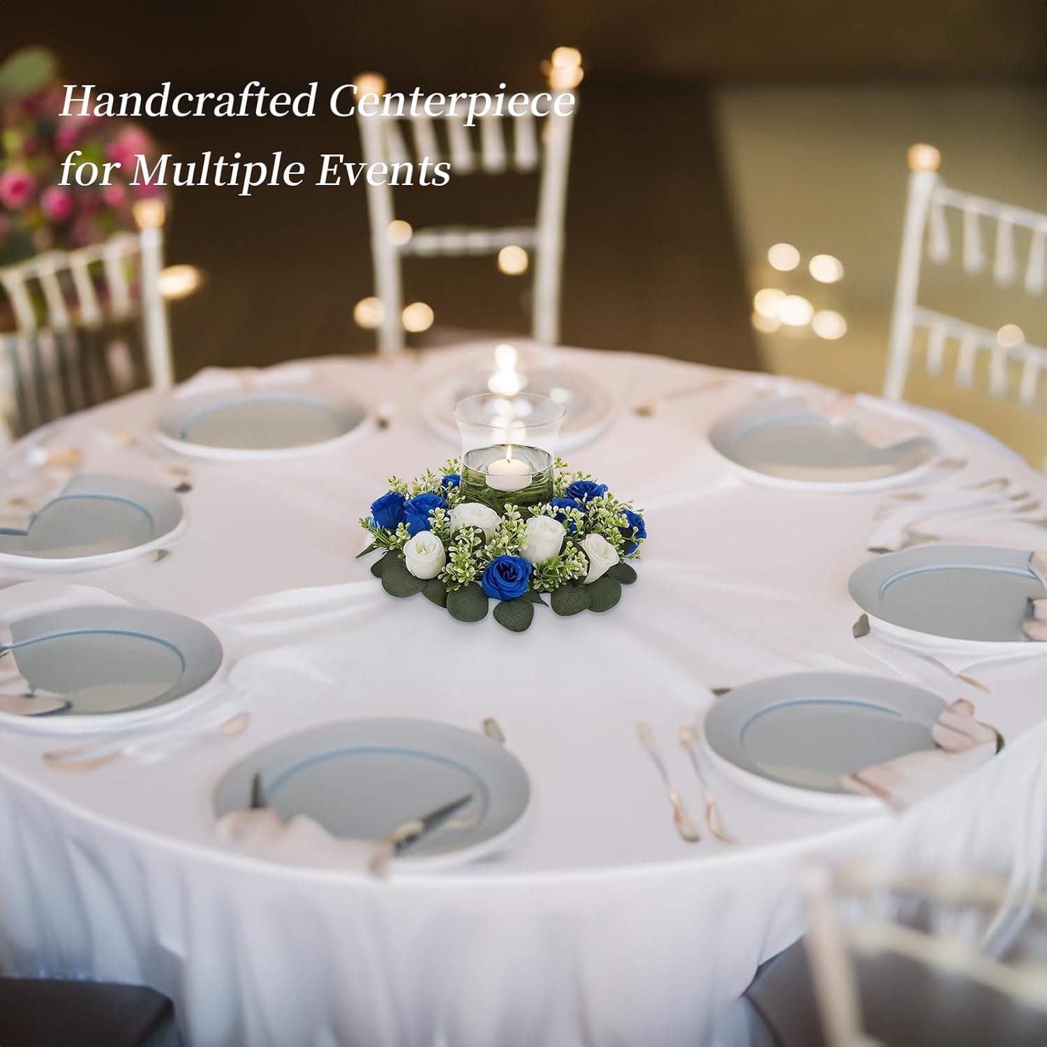 BLOSMON Fake Flowers Wreath Centerpieces: 2 Pcs 14 Inch Diam Large Royal Blue & White Artificial Rose Floral Candle Rings for Wedding Home Table Decor Fake Spring Wreath for Front Door