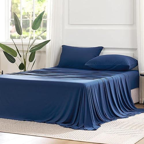 Dream Valley® Cooling Sheets Queen Size, Cooling Fitted Breathable Bed Sheets & Flat Sheet with 2 Pillowcases-4 PCS for Night Sweats & Hot Sleepers, Q-Max >0.45 Aerocool, Deep Pocket 16", Navy Peony