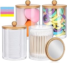 4 Pack Qtip Holder Dispenser, Apothecary Jars with Bamboo Lid and Mirror, Qtip Holder for Cotton Ball, Pads, Swab, Floss, Clear Acrylic Cotton Pad Holder for Bathroom Canister Makeup Storage