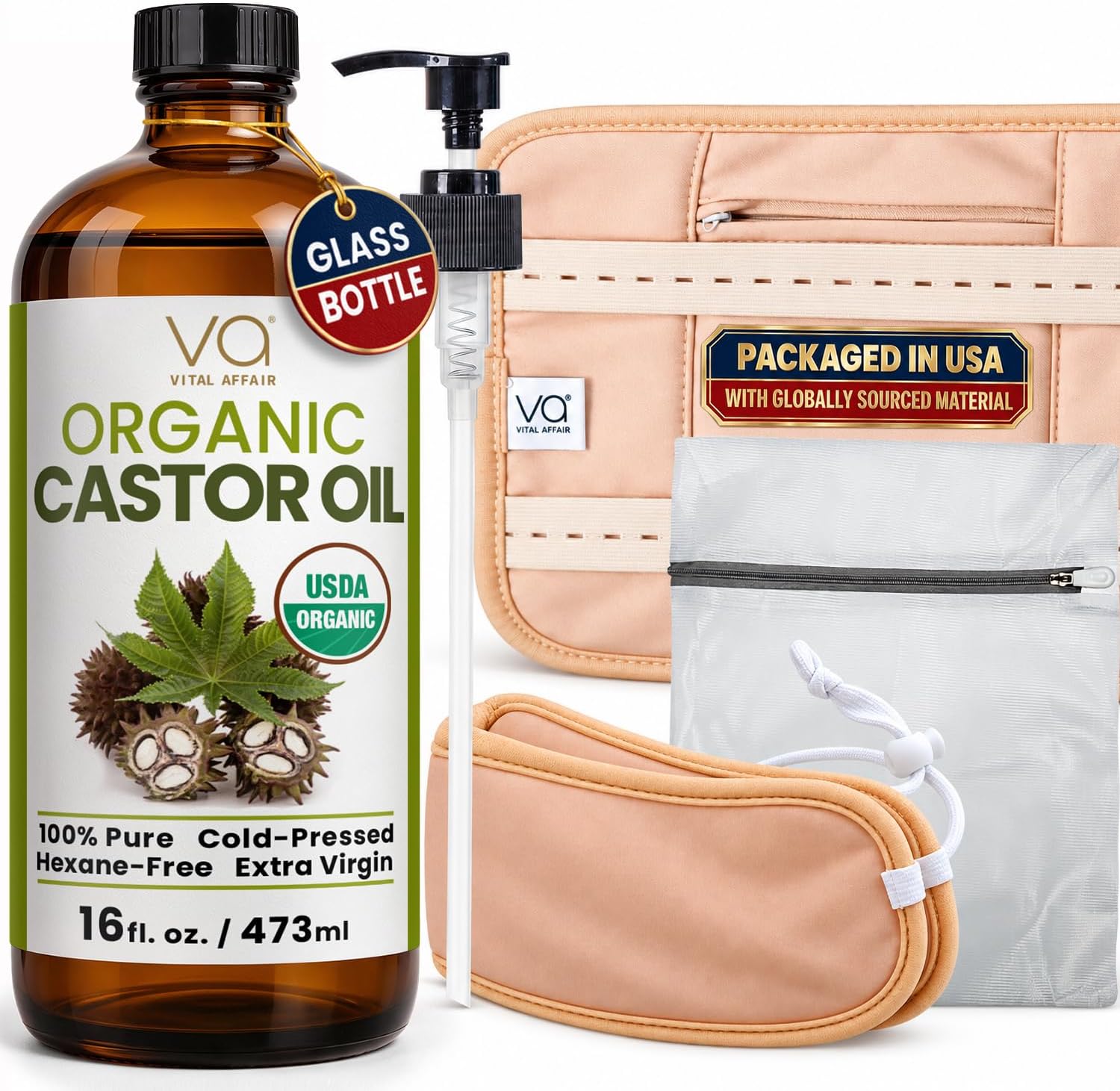 Castor Oil Pack Wrap Kit 16oz Glass Bottle with Organic Castor Oil