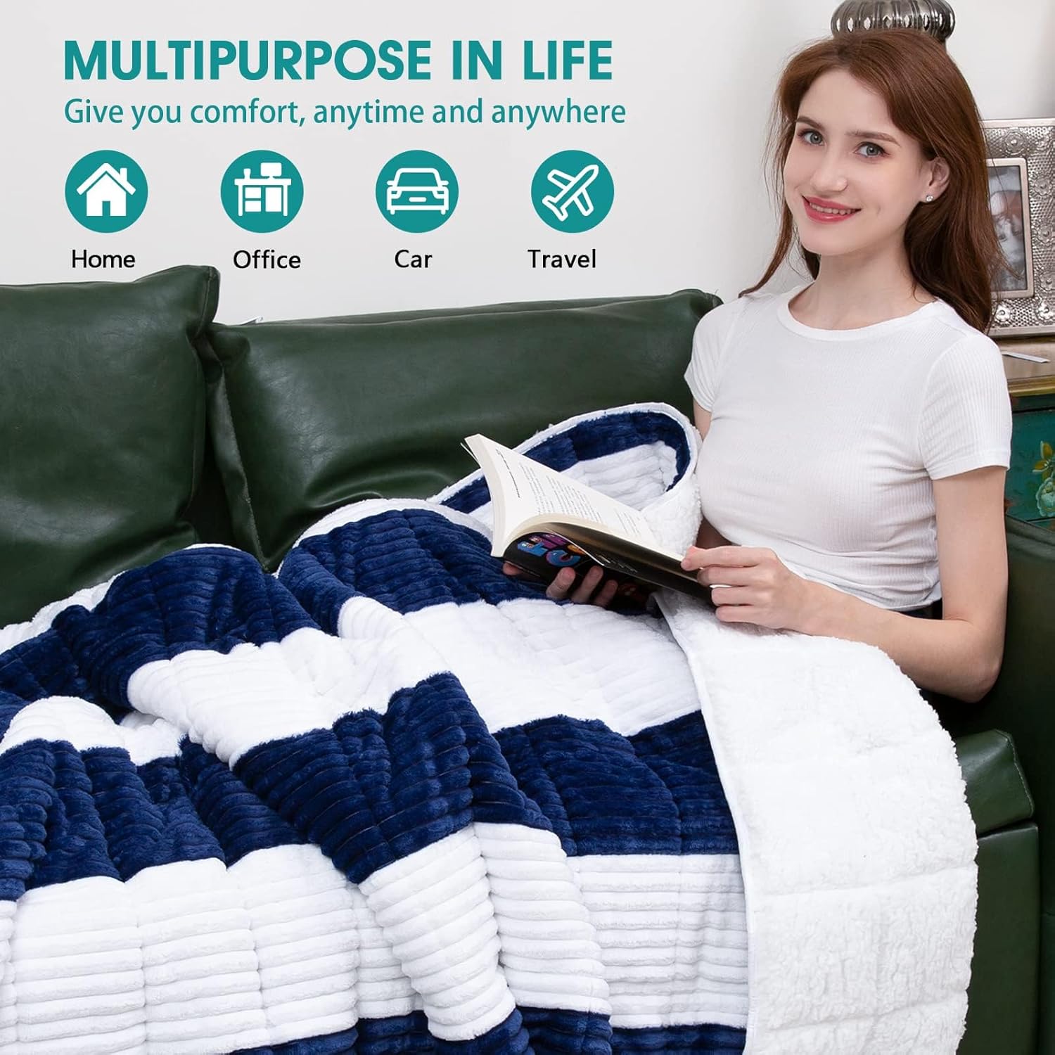 Sherpa Weighted Blanket for Adults 15lbs, 48"x72", Twin Full Size Fuzzy Heavy Throw Blanket for 120-160lbs, Microfiber Soft Thick Big Blankets Weighted Comforter Breathable Gift for Sleeping, Navy
