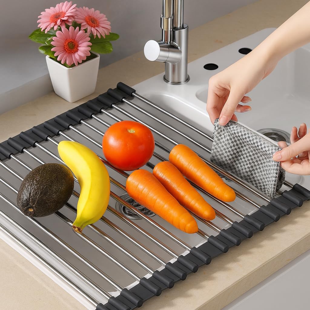 Over Sink Dish Dryng Rack - Roll Up Stainless Stell & Silicone Drying mat, Heat Resistant, Non-Slip & Foldable, Space Saving Kitchen Organizer (17.3"x 15.7")(Black)