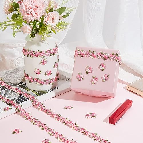 Miniatura 3 de PH PandaHall Cinta de encaje de flores de 5 yardas, ribete de encaje floral rosa intenso de 34 pulgadas, cintas bordadas para bricolaje, apliques de