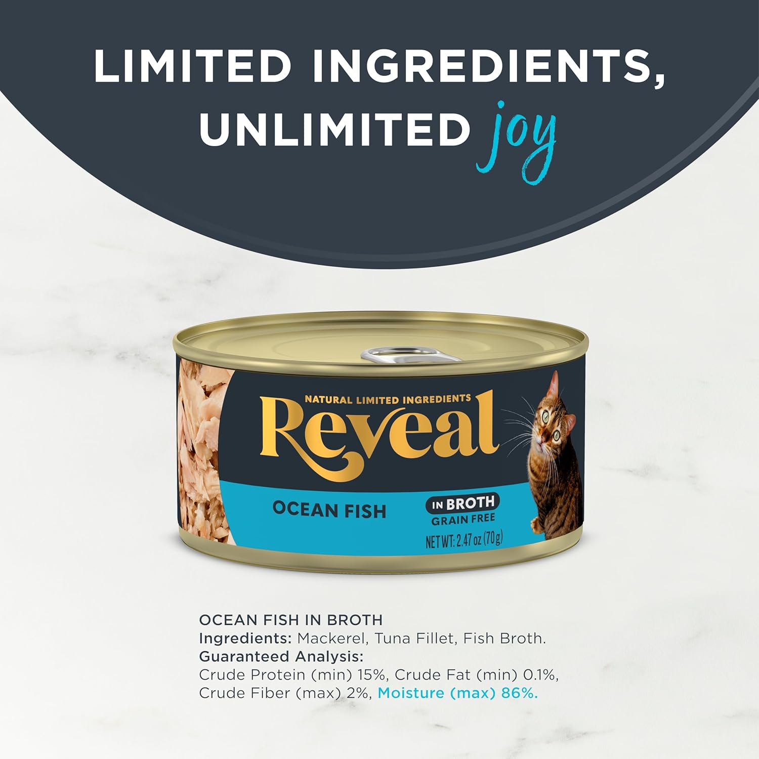 Reveal Natural Wet Canned Cat Food, Limited and Natural Ingredients, Grain Free, High Protein with No Artificial Additives, Ocean Fish in Broth (24 x 2.47 oz Cans)