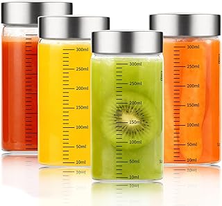 Wide Mouth Reusable Borosilicate Glass Juice Bottles - Leak-Proof Stainless Steel Lids, Food Grade Safe, Fits in Cup Holder for Juicing, Gym, Daily Use (300ML-pack4)
