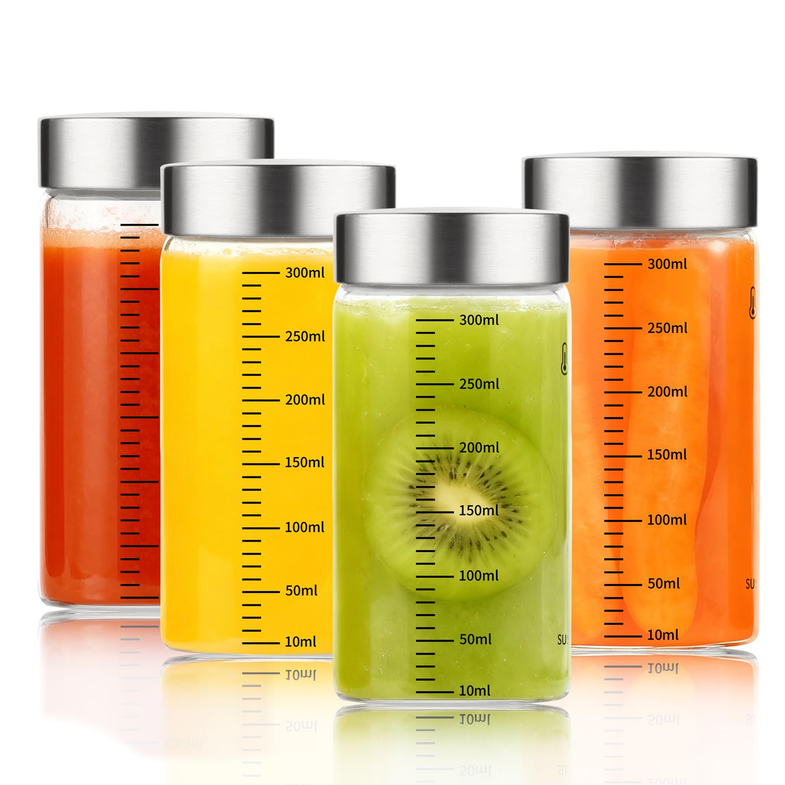 Glass Juice Bottles, 10 Oz Wide Mouth Reusable Borosilicate Glass Water Bottles Leak-Proof Stainless Steel Lids, Food Grade Safe, Fits in Cup Holder