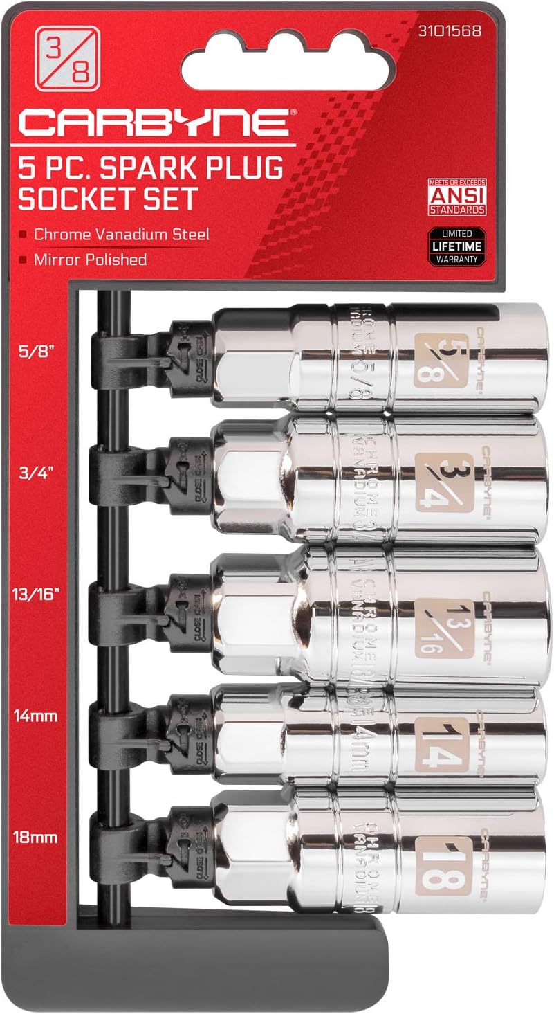 CARBYNE 5-Piece Spark Plug Socket Set, 3/8 in. Drive, SAE and Metric, 5/8 3/4 13/16 in. 14mm 18mm, CrV Steel, 6 Point, Rubber Retaining Rings, Mirror Polish