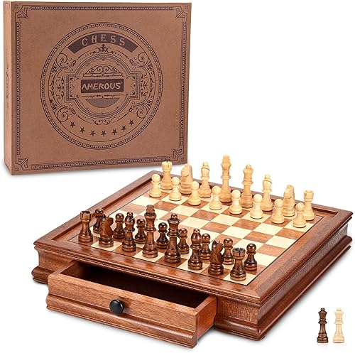 AMEROUS Juego de ajedrez magnético de madera de 12.5 x 12.5 pulgadas, juego de mesa de ajedrez con 2 cajones de almacenamiento integrados, 2 reinas
