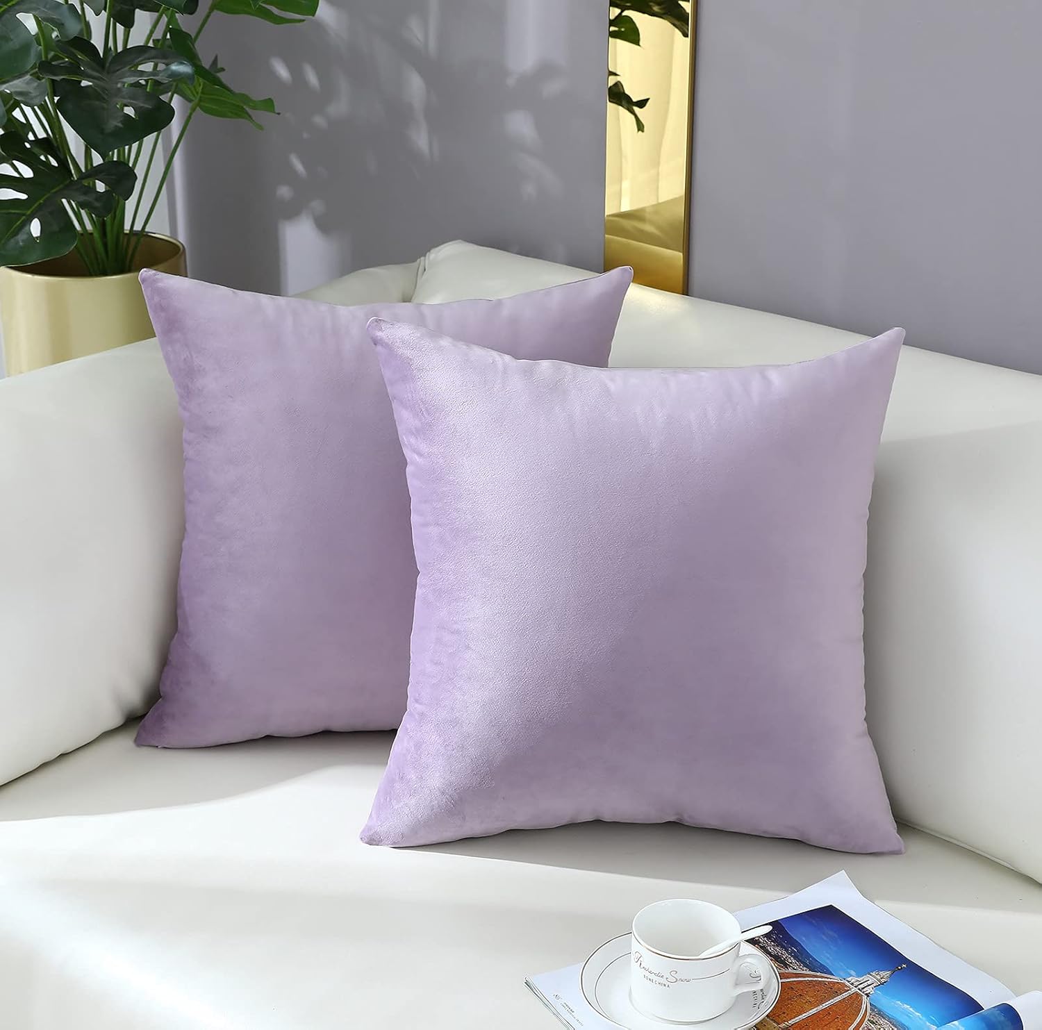 mixeoo Comfy Lavender Throw Pillow Covers Decorative Square Solid Thick Velvet Super Soft Cushion Cases Home Decor for Sofa Couch Living Room Chair, Set of 2, 18 x 18 Inch - Image 2