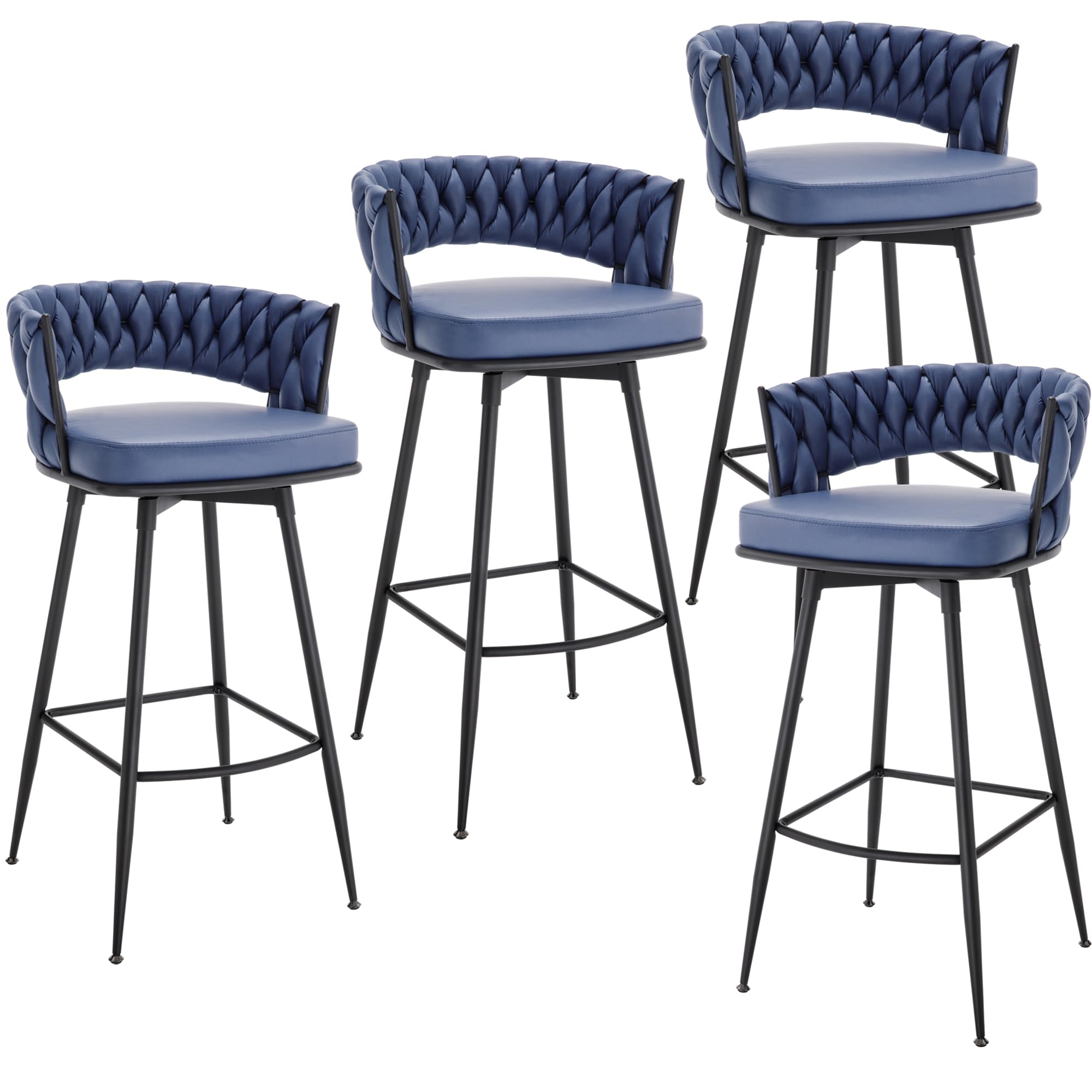 BV Bar Height Bar Stools Set of 4, 30 inch Seat Height Bar Stools, 180° Swivel Barstools with Woven Back and Footrest, Suede Fabric Counter Stools for