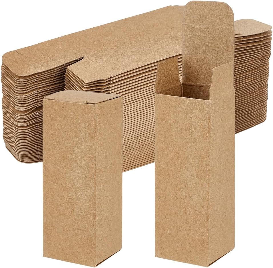 BENECREAT 100PCS Paper Gift Box, 1.26x1.26x3.62inch Rectangular Cardboard Box for Party Favors, Tan Kraft Box for Essential Oil Bottles Birthday Wedding