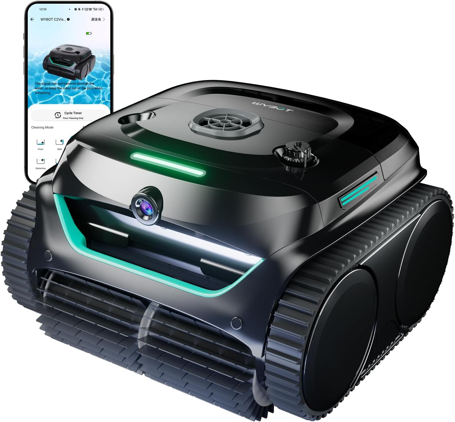 WYBOT C2 Vision AI Camera Cordless Pool Vacuum Robot for inground Pools, 8-in-1 Pool Cleaner, Ultra-fine Filtration, Brushless Motor Powerful Suction, Wall Climbing, Waterline Cleaning, Black Green