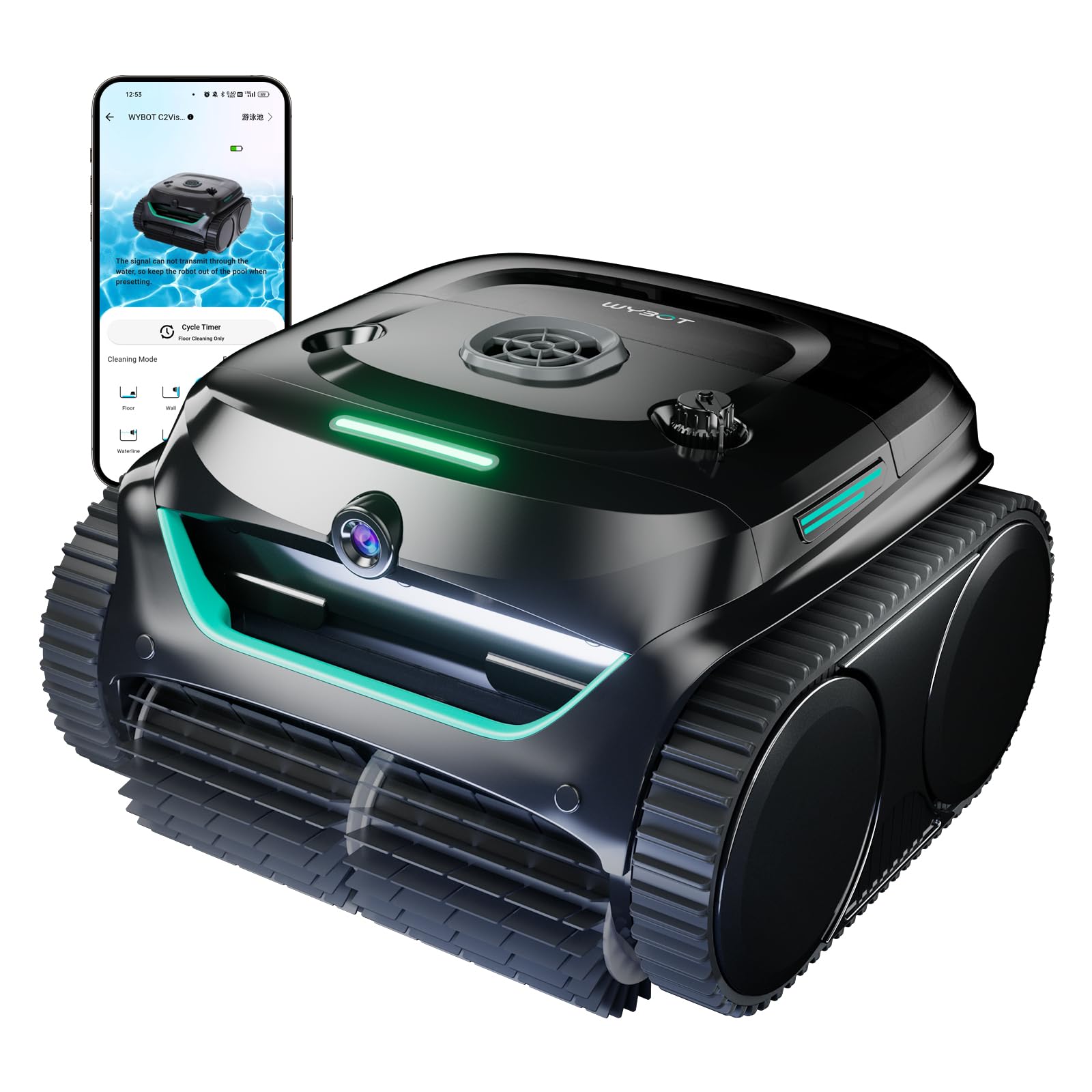 WYBOT C2 Vision AI Camera Cordless Pool Vacuum Robot for inground Pools, 8-in-1 Pool Cleaner, Ultra-fine Filtration, Brushless Motor Powerful Suction, Wall Climbing, Waterline Cleaning, Black Green