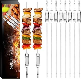 Sanduby Grilling Skewers,17 inch Long Flat Kebab Skewers 304 Stainless Steel Metal Kabob Skewers with Push Slider,Barbecue Shish Kebab Sticks- for Meat,Shrimp,Chicken,Veggie( 8 Pcs), Silver