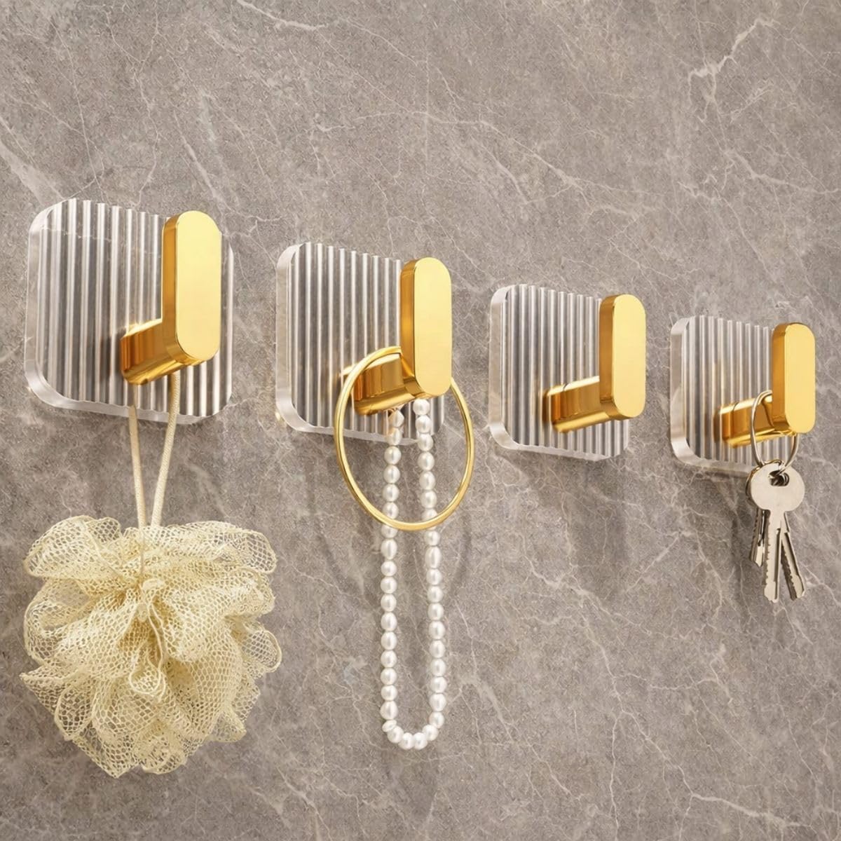 4 pcs self adhesive wall hooks for bathroom & kitchen, luxury gold no drill towel hooks, waterproof stainless steel wall mounted key holder, robe hook for home, office & bedroom