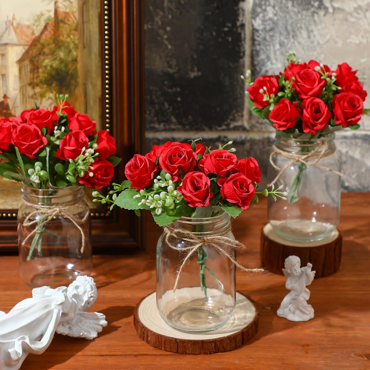 XunYee 10 Set Mason Jar Table Centerpiece with Flower Mason Jar Flower Centerpiece Vases Decor for Engagement Party Bridal Shower Centerpieces Wedding Reception Table Decor(Red Rose) - Image 4