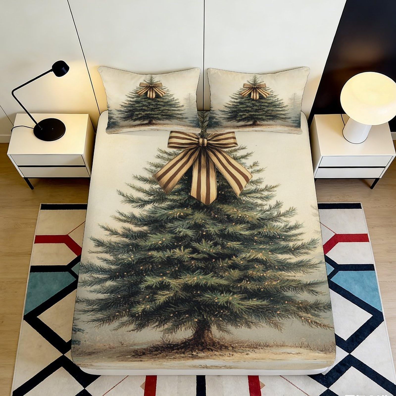 3D Printed Christmas Tree Fitted Sheet Microfiber Soft Breathable Bow Mattress Cover for Bedroom Dormitory Guest Room Mattress Protection Decor 200x200x25cm