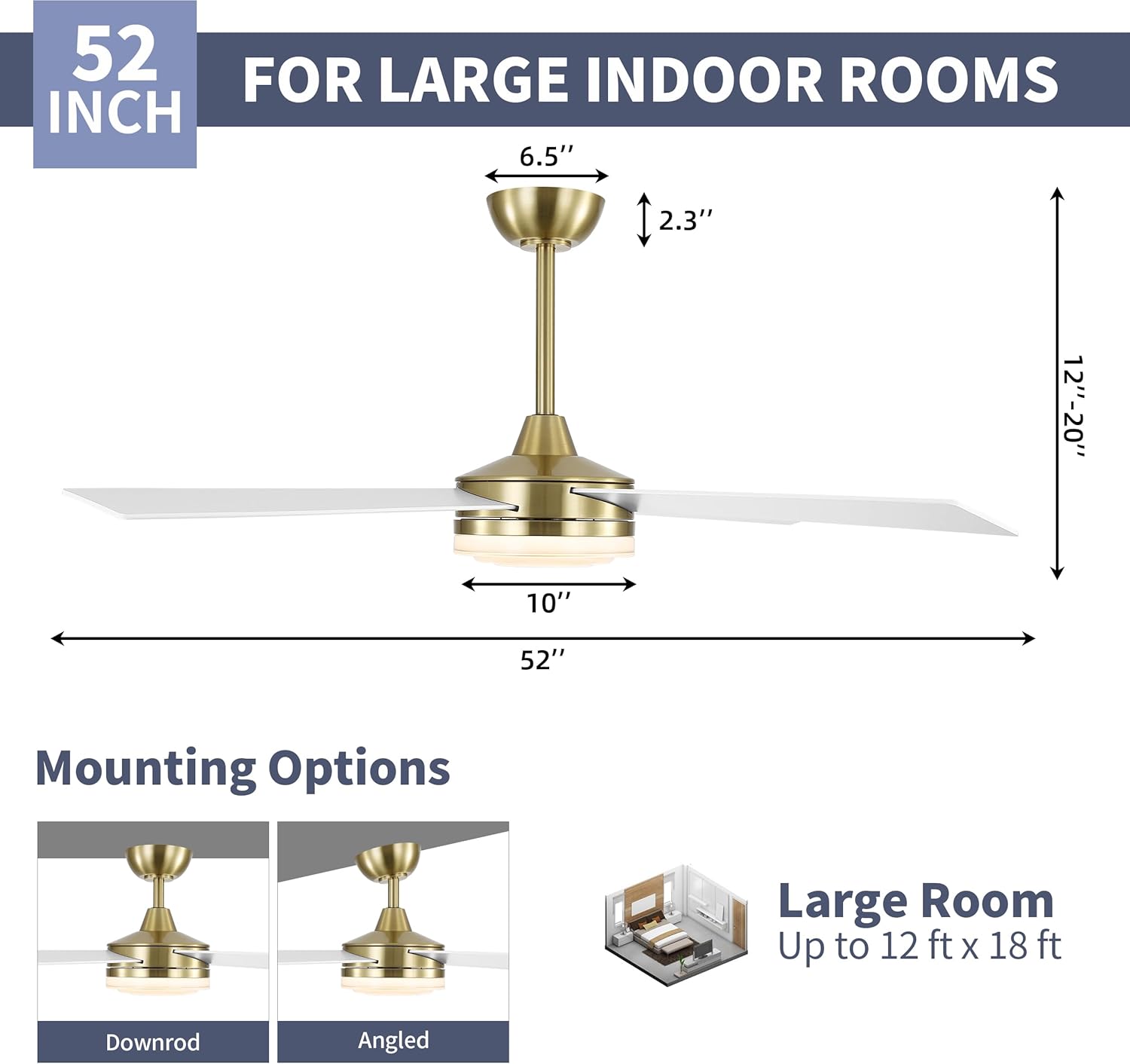 WINGBO 52 Inch Ceiling Fan with Lights and Remote, 3CCT, Modern Ceiling Fan with Ripple Glass Shade, 6-Speed Reversible DC Motor for Bedroom Living Room Kitchen Hallway, Brass and White