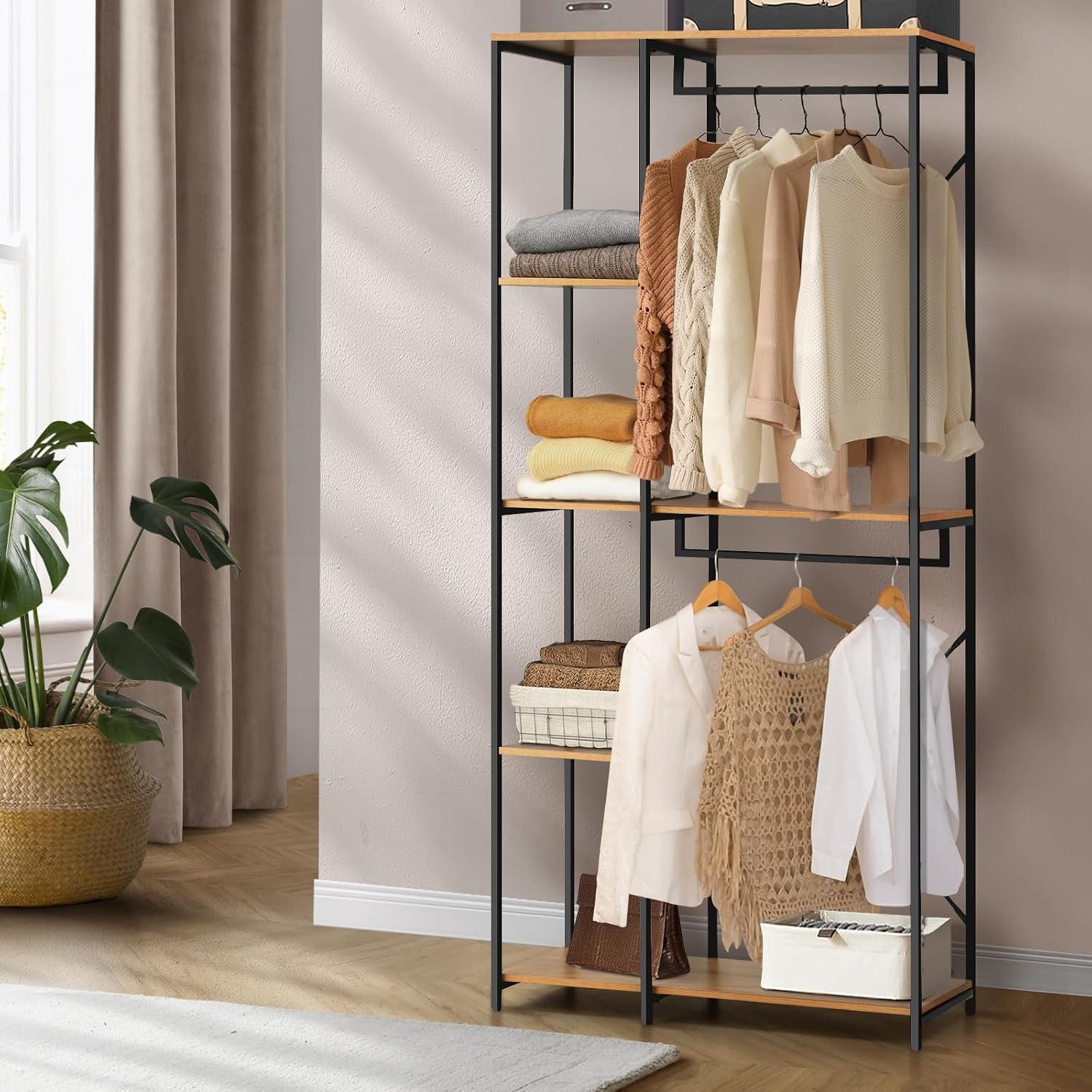 Oikiture Wardrobe Clothes Rack with Storage Shelves Garment Rack ...