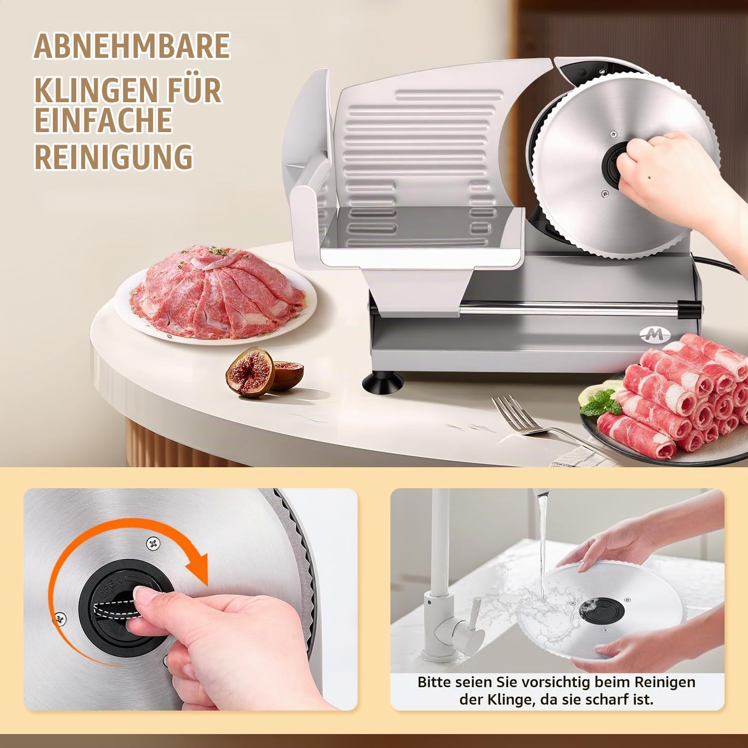 Moongiantgo Allesschneider Elektrisch, 2 Klingen, 0-15mm Dicke Einstellbar | Edelstahl Schneidemaschine, Abnehmbaren 19cm Klingen, Kindersicherung, 200W, für Fleisch, Käse, Brot, Schinken & Gemüse