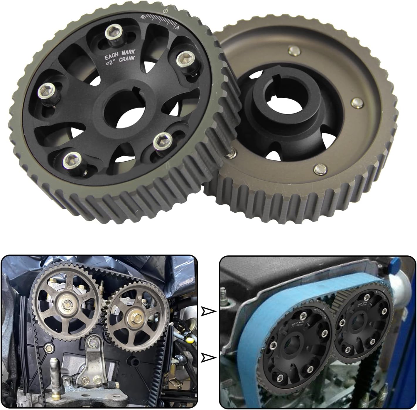 2PCS Adjustable Cam Gears Pulley for Honda Prelude H22 H22A1/H22A4 DOHC VTEC 2.2L 16V L4 Engine 1993-2001 Black