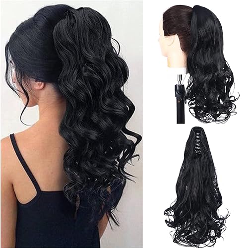 ELIO Extensiones de cabello para cola de caballo, 16 pulgadas de largo, onduladas, extensiones de cola de caballo con cordón, extensión de cabello