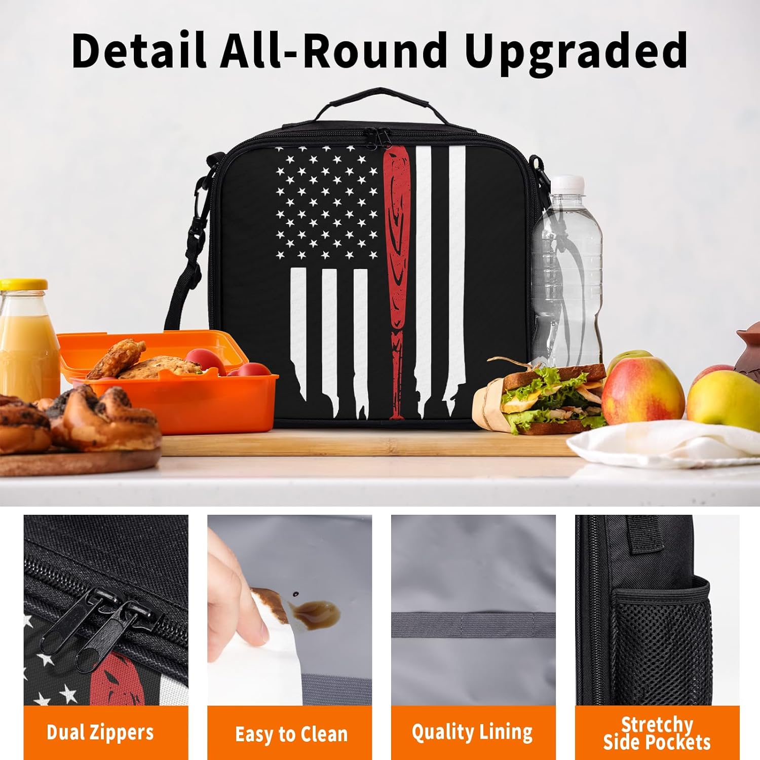 Miaoquhe Baseball American Flag Insulated Lunch Bag for Boys Girls Reusable Cooler Lunch Box Baseball Lunch Tote for Women Men Sports Lunch Box Portable USA Flag Bags for School Picnic Travel