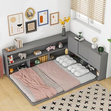Full Size Corner Bed Frame with Bookcases, Wood L Shaped Bed Frame with Storage HeadboradSliding Doors, Bookcase Bed for Teen, Toddler and Kids, Easy Assembly Grey