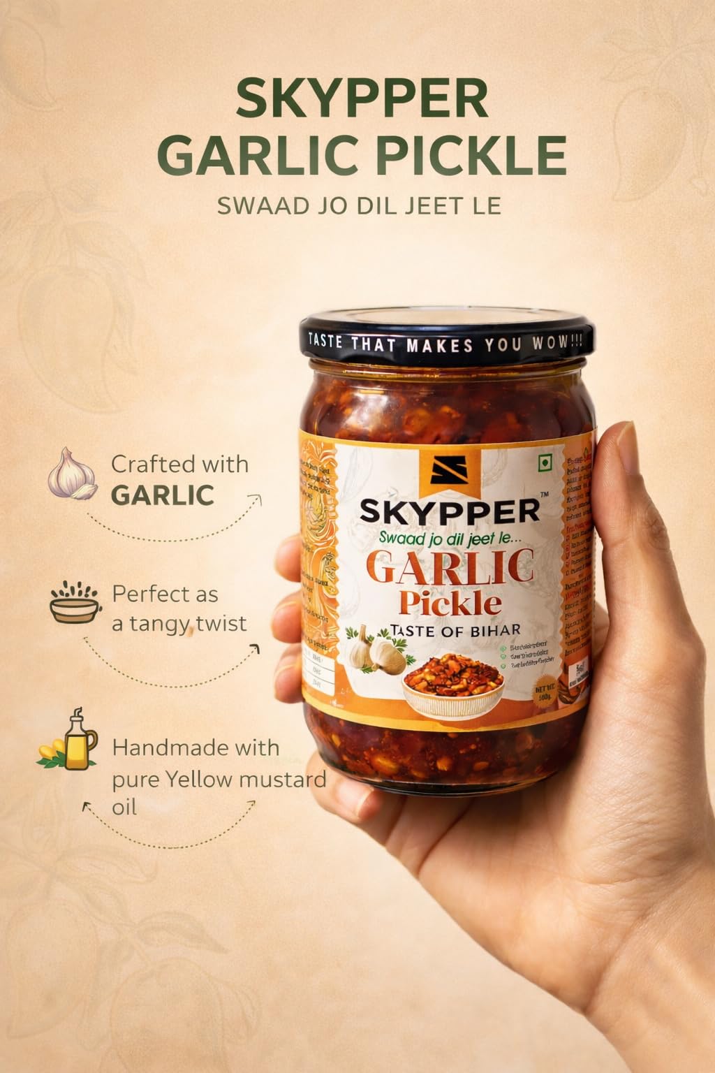 Skypper Garlic Pickle 500g | Authentic Bold & Spicy Indian Achar | Hand-Peeled Garlic, Sun-Dried & Pickled in Cold-Pressed Mustard Oil | 100% Natural, No Artificial Additives & No Chemicals | Food Graded Glass Jar - Image 3 thumbnail