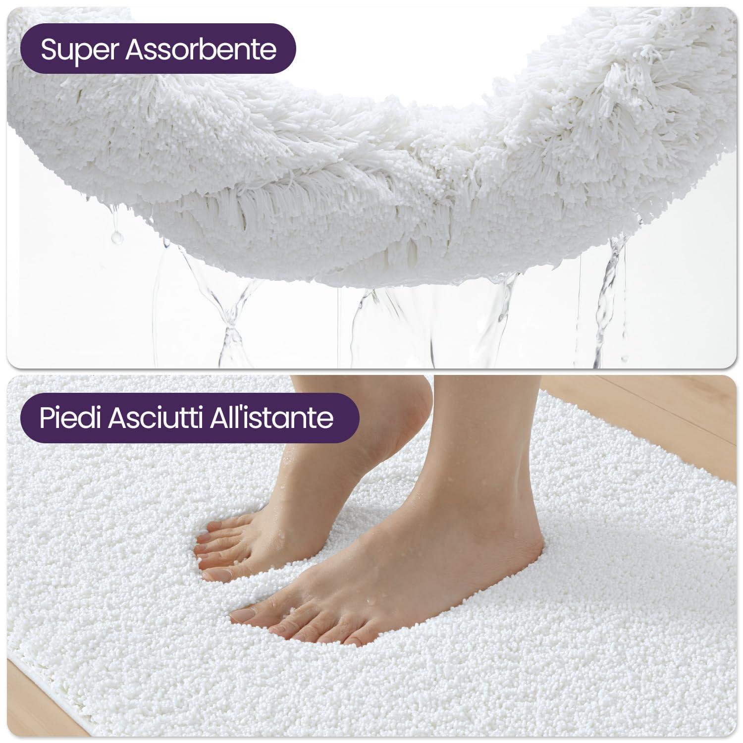 DEXI Tappeto Bagno 60 x 110 cm, Bianco | Tappetino Antiscivolo e Morbido Spesso in Microfibra, Tappeti Assorbente e Lavabile per la Lavandino, Ingresso del Doccia
