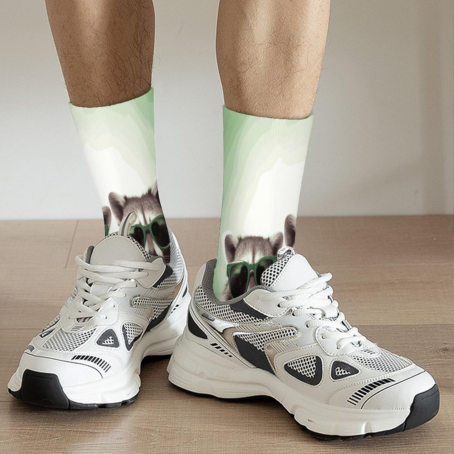 Funny Raccoon Green Sunglasses Crew Sock High Stocking Grippy Socks | Socks for Men & Women,Stockings-Long Thin Tube Sports, Breathable Soft Athletic for Nurses,Travel