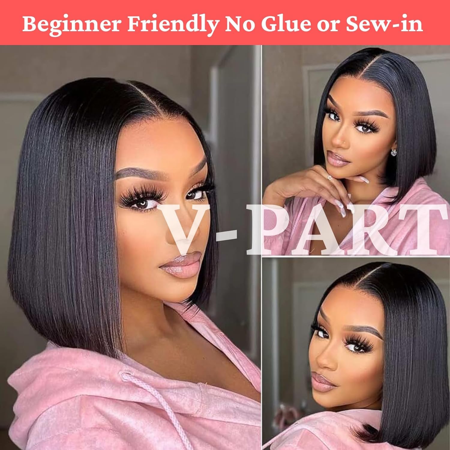 Straight V Part Wig Human Hair Short Bob Wig for Women - 150% Density, 14Inch, Natural Black, 14 INCH - Image 4