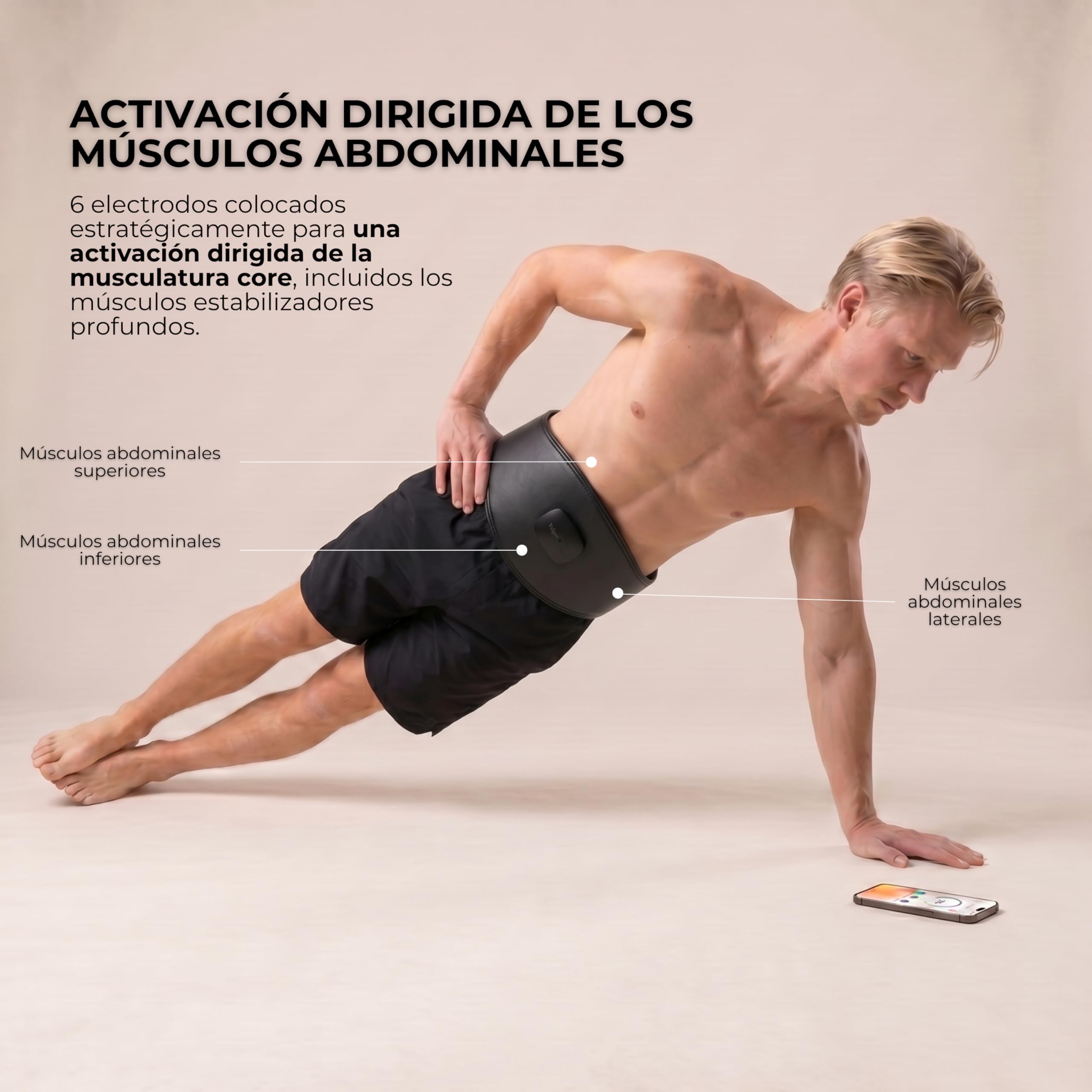 Vulpés Cinturón EMS Inteligente Core con App – Abdominales y Zona Lumbar, electroestimulación controlada para Fitness y recuperación (6 electrodos, 8 Modos).