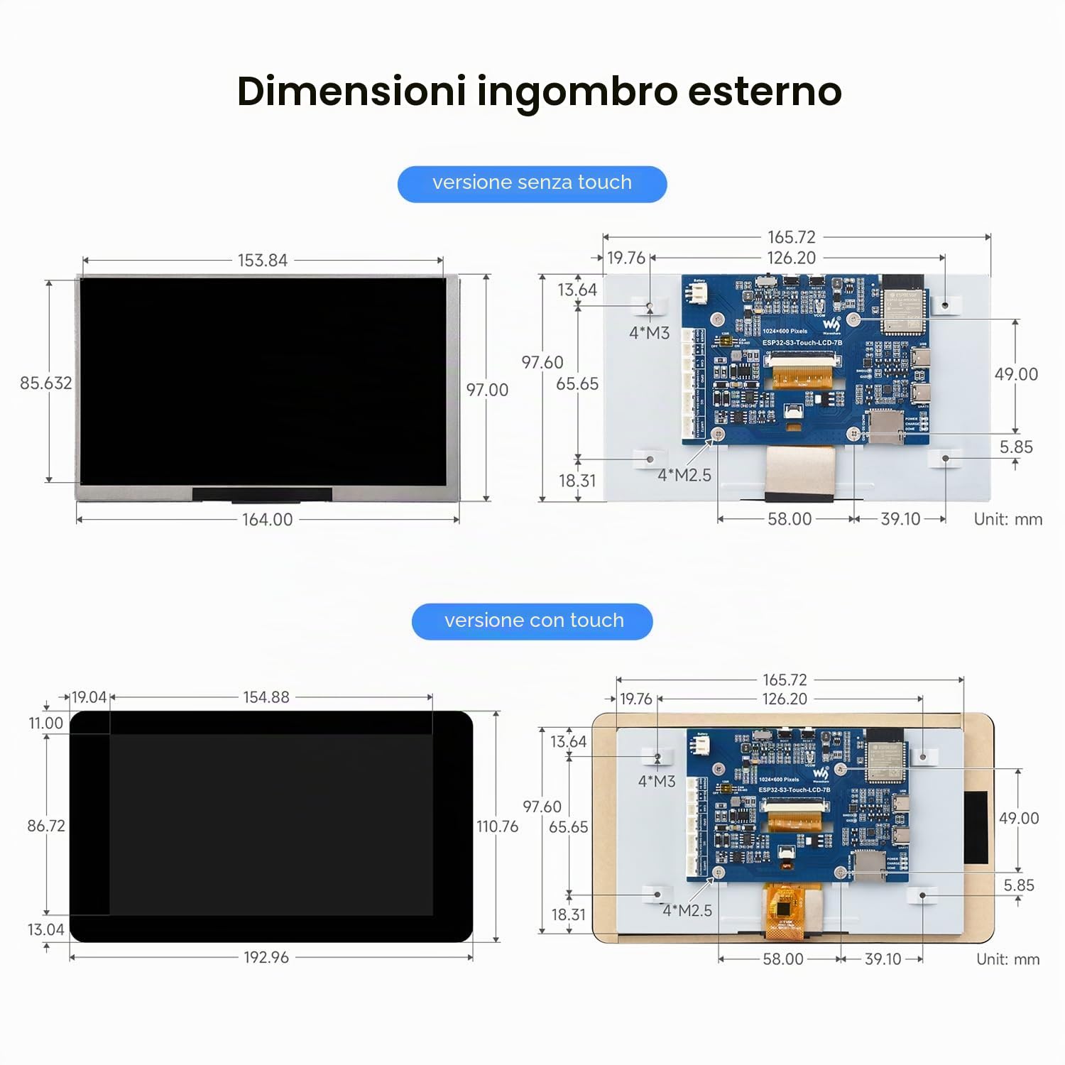 Waveshare ESP32-S3 Display 7inch LCD Development Board, 1024x600 Resolution, 32-bit LX7 Dual-Core Processor 240MHz, Wi-Fi & Bluetooth Support, Onboard Antenna, with Touch