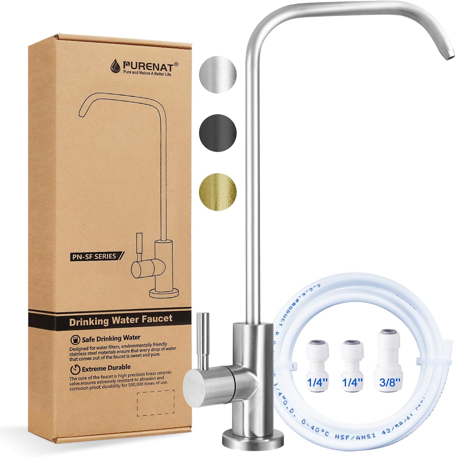 Drinking Water Faucet - Long Thread Stem Filtered Water Tap for Thick Countertop,Lead-Free RO Faucet with Hose and Push Connect Fittings(Matte Black-Flat Top)