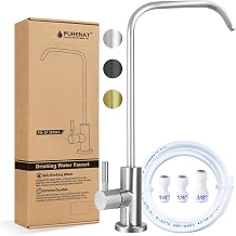 Drinking Water Faucet - Long Thread Stem Filtered Water Tap for Thick Countertop,Lead-Free RO Faucet with Hose and Push Connect FittingsBrushed Stainless - "7" Shape