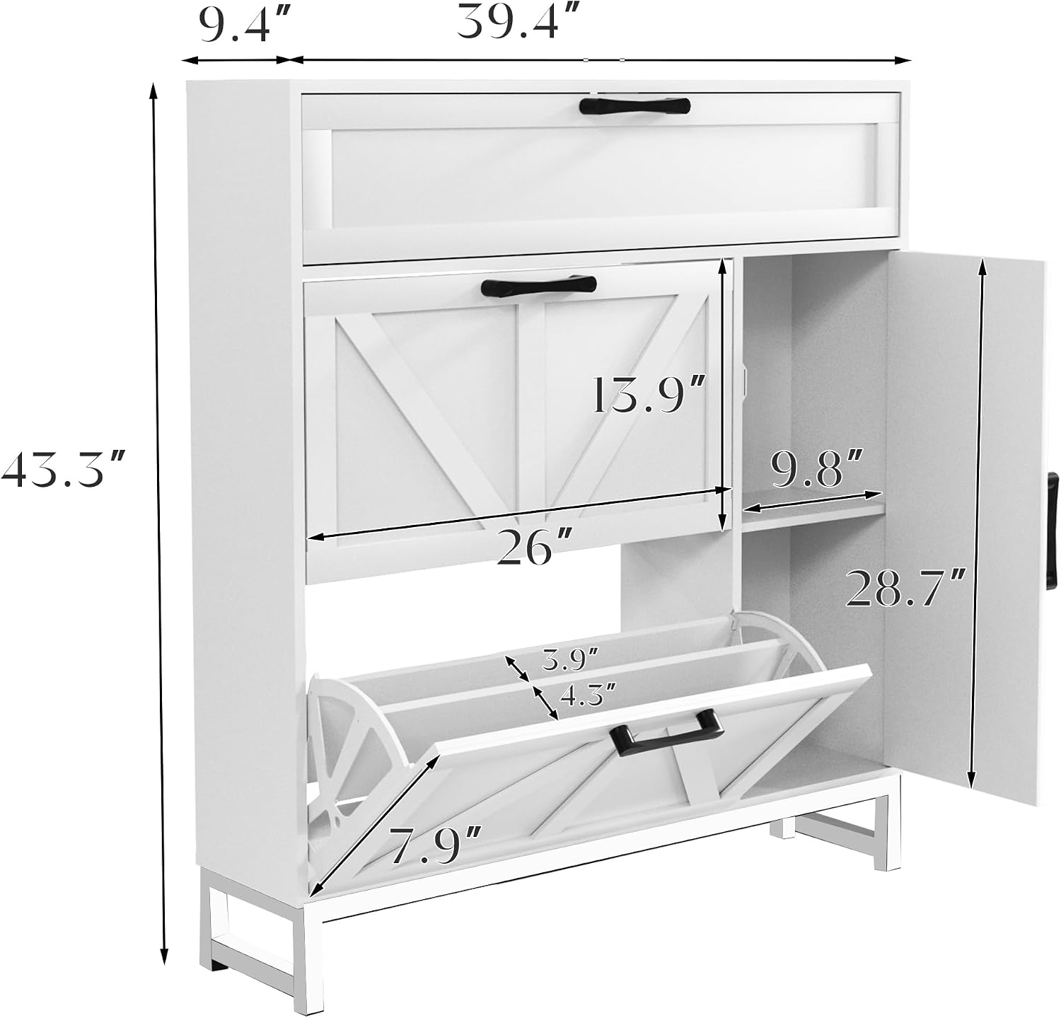 Shoe Storage Cabinet with 2 Flip Drawers, Slim Freestanding Shoe Rack Cabinet, Farmhouse Hidden Shoe Organizer Cabinet with Metal Legs & Adjustable Pads, Entryway, Hallway, Foyer (White)