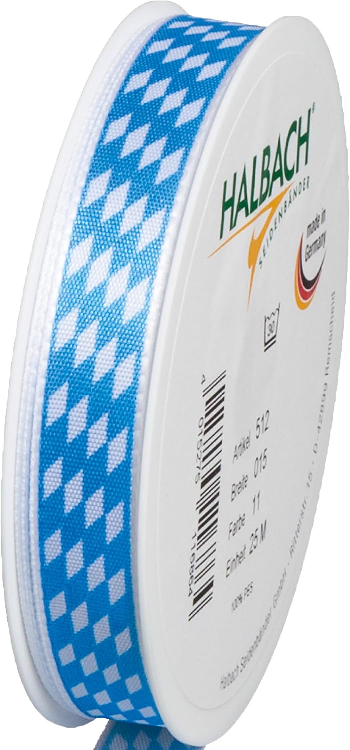 Halbach Seidenbänder Oktoberfest Decorative Ribbon | Width: 15 mm Length: 25 m Colour: Blue/White | Gift Ribbon Bavaria | for Bavarian Table Decoration or Gifts