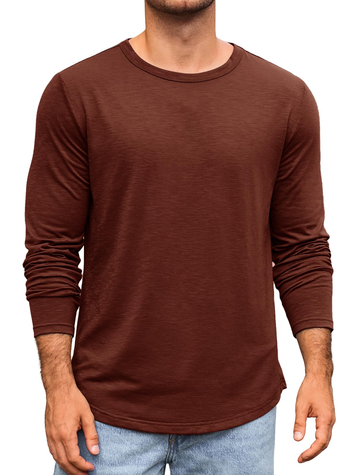 Runcati Herren Langarmshirt Rundhals Langarm T-Shirt Einfarbig Regular Fit Oberteile Sport Freizeit Shirts Casual Basic Unterhemd Weinrot M