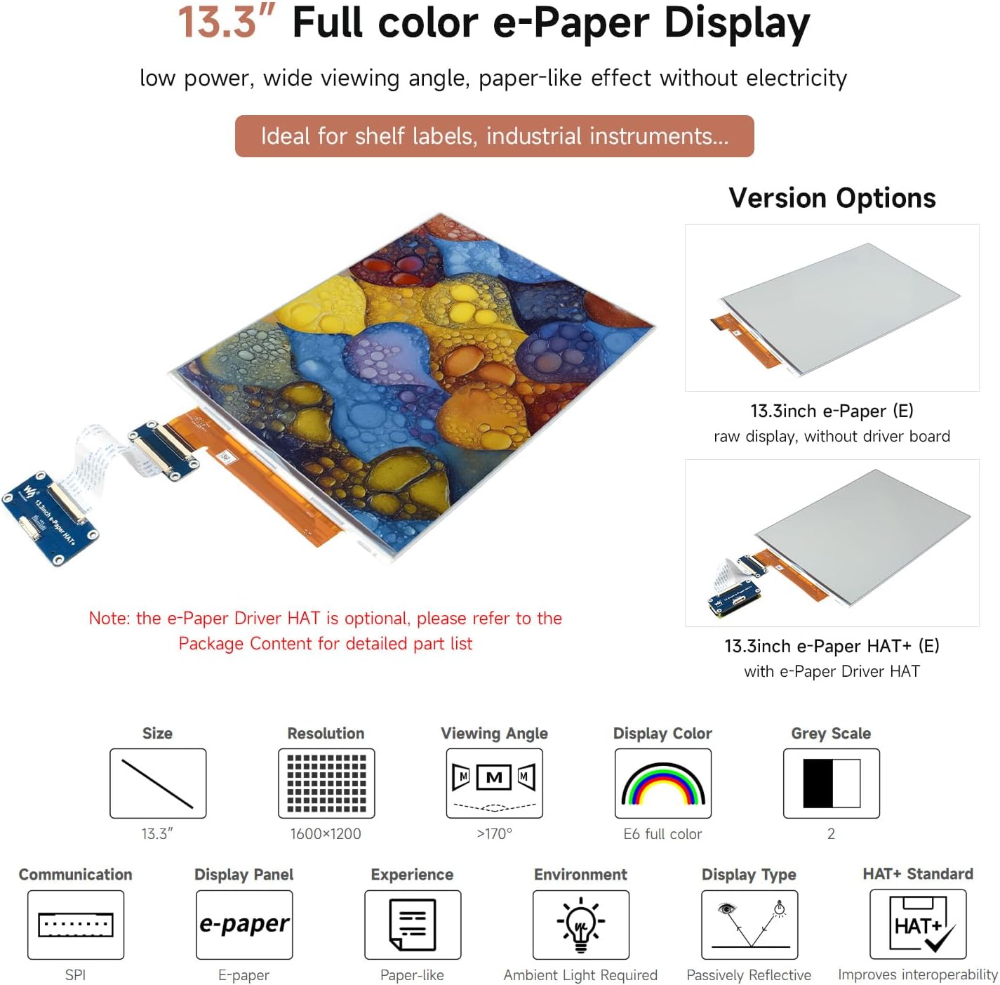 Waveshare 13.3inch E Ink Spectra 6 (E6) Full Color E-Paper Display, Compatible with Raspberry Pi 5/4B, 1600×1200, SPI, with HAT+ Standard Driver HAT