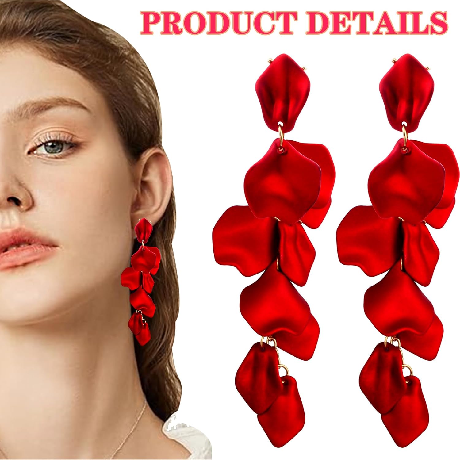4Pcs Acrylic Long Rose Petal Dangle Earrings Set, Red Flower Earring Studs Drop Statement Layered Floral Leaf Tassel Earrings for Women Christmas Beach Party Birthday - Image 3