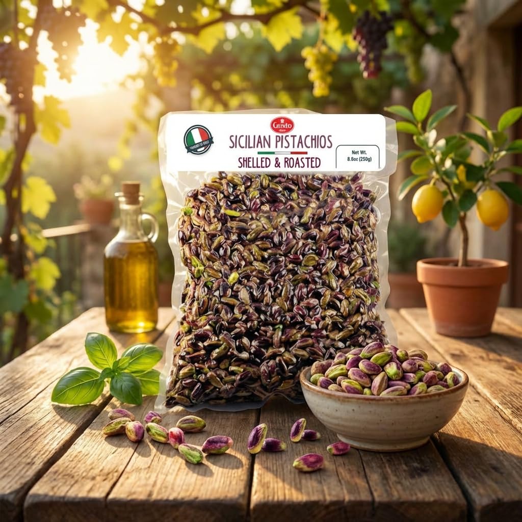 Sicilian Roasted Pistachios No shell, Whole Shelled Pistachios Unsalted, 8.8 oz (250 gr), Natural Purple color, Pistachio Nuts from Bronte Sicily Certified, Gusto Etna, Non GMO, Product of Italy