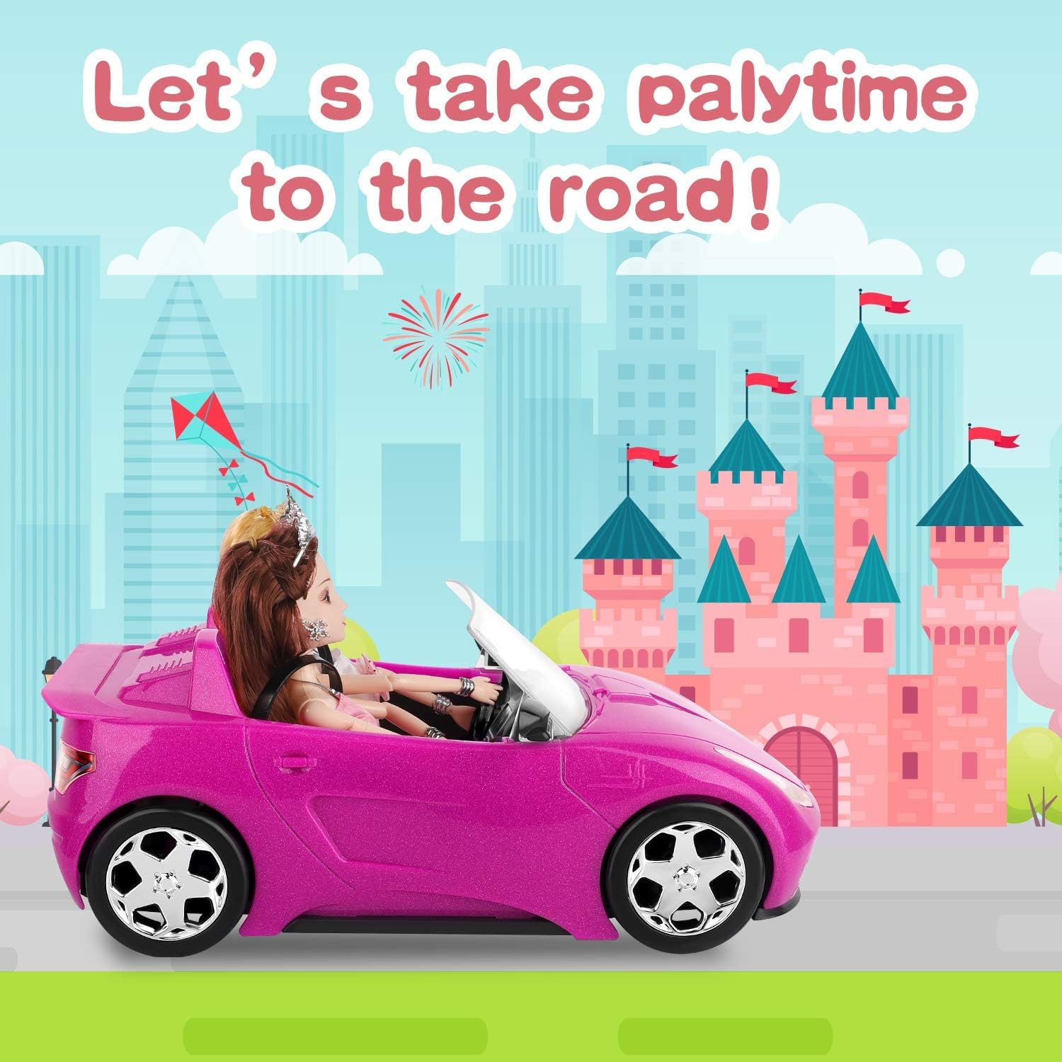 SUPER JOY Convertible Car for Dolls, Glittering Magenta Convertible Doll Vehicle with Working Seat Belts