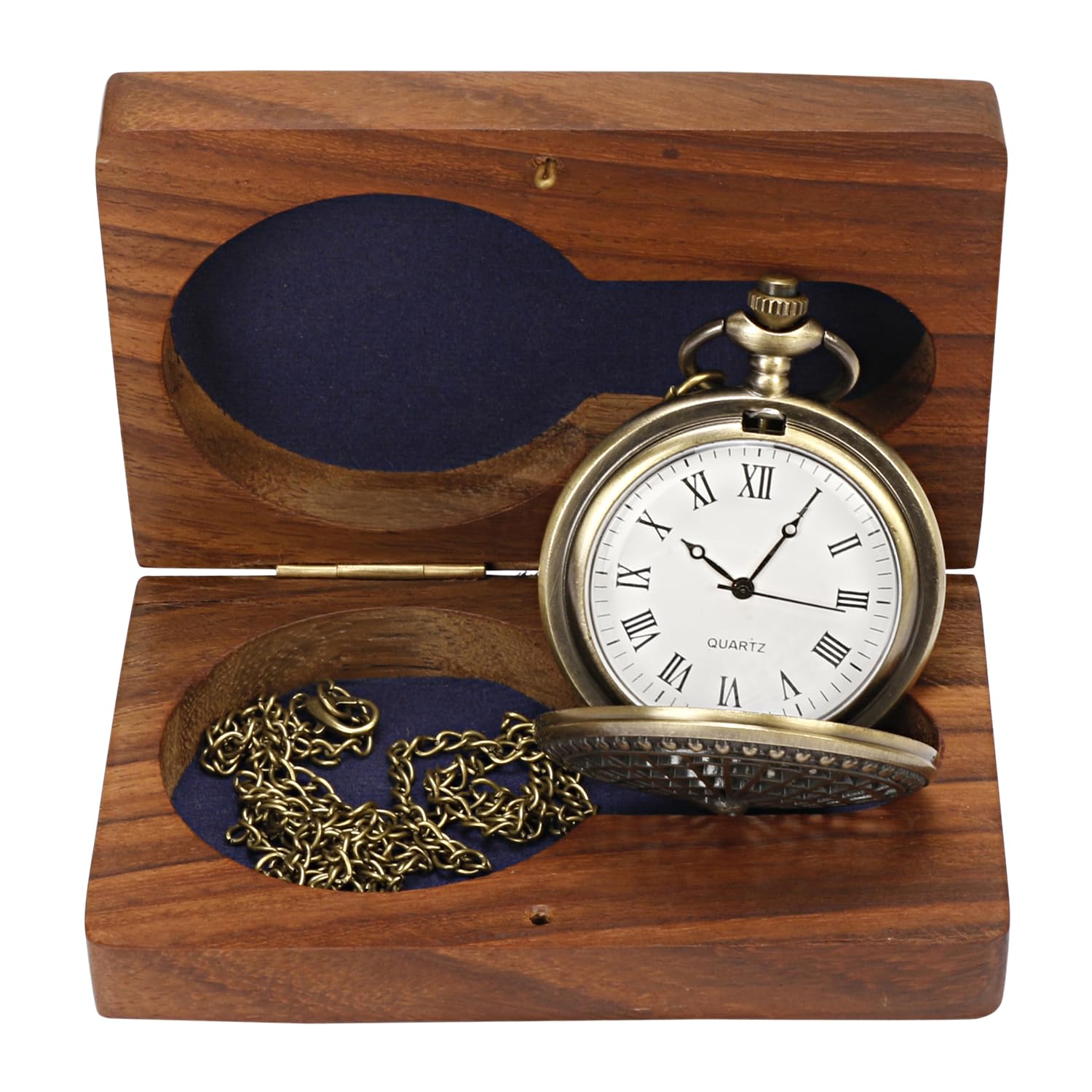 ARTVARKO Orologio da taschino in stile vintage, quadrante rotondo, quadrante al quarzo, con pavone inciso e catena lunga, numeri romani, con scatola in legno