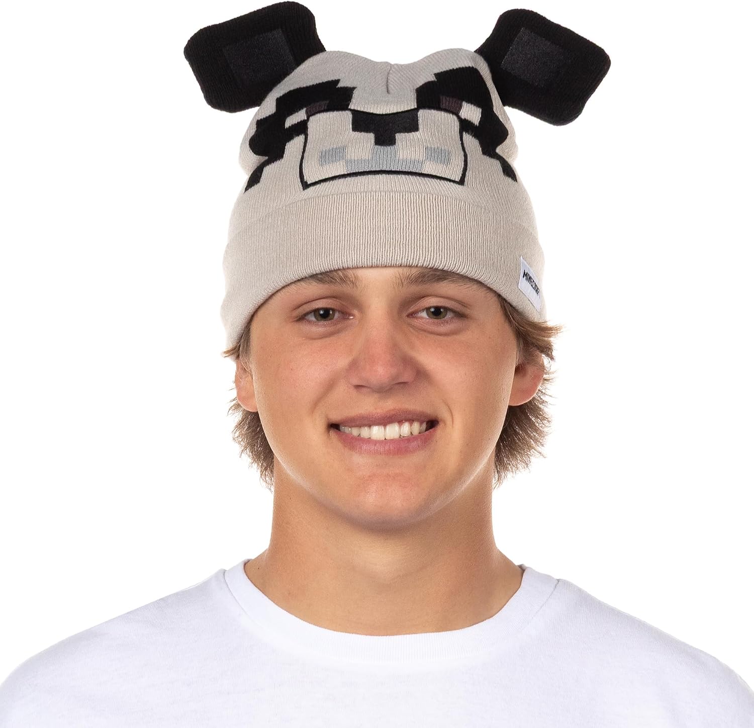 Minecraft Panda Beanie Embroidered Face Design 3D Ears Adult Cuffed Knit Hat OSFM Beige
