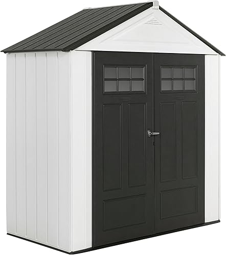 Miniatura 8 de Rubbermaid - Cobertizo grande de almacenamiento de resina para exteriores con piso (7 x 7 pies), resistente a la intemperie, marrón, para organizar