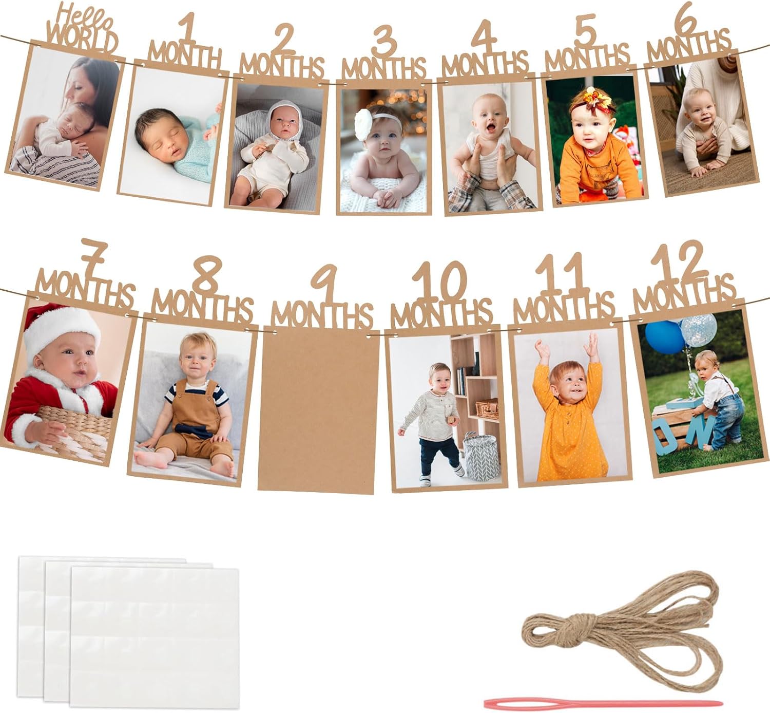 1st Birthday Photo Banner from Newborn to 12 Months Picture Banner Brown Monthly Milestones First Birthday Decorations (Kraft)