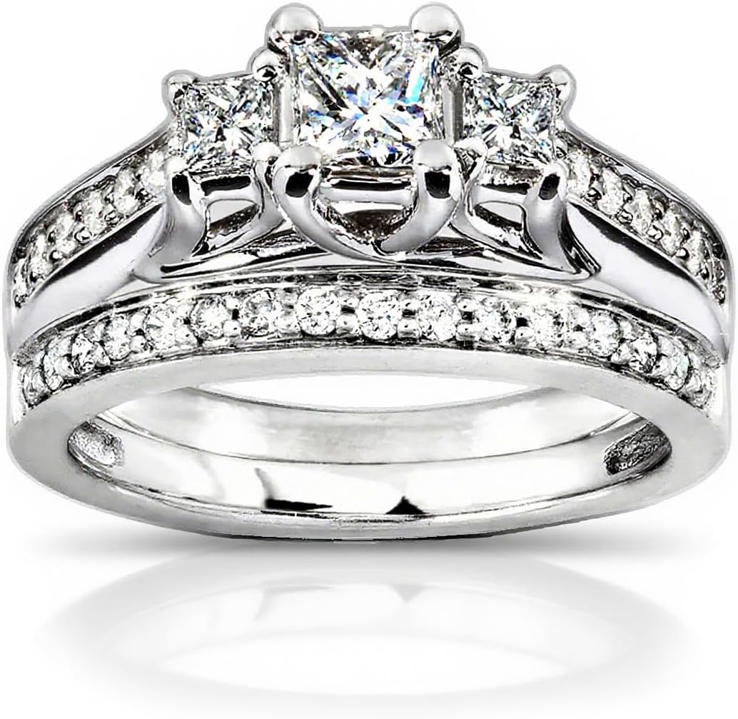 10K 14K 18K Gold 3 Stone Moissanite Bridal Rings Sets for Her, 2.6 CT. tw. Princess Cut Moissanite Engagement Ring Set for Women Wedding Ring Set for Engagement Anniversary Eternity Band